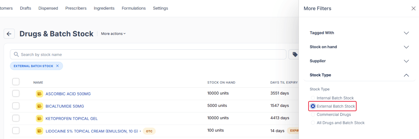 Drugs & Batch Stock dashboard, external batch stock stock type fro more filters button highlighted