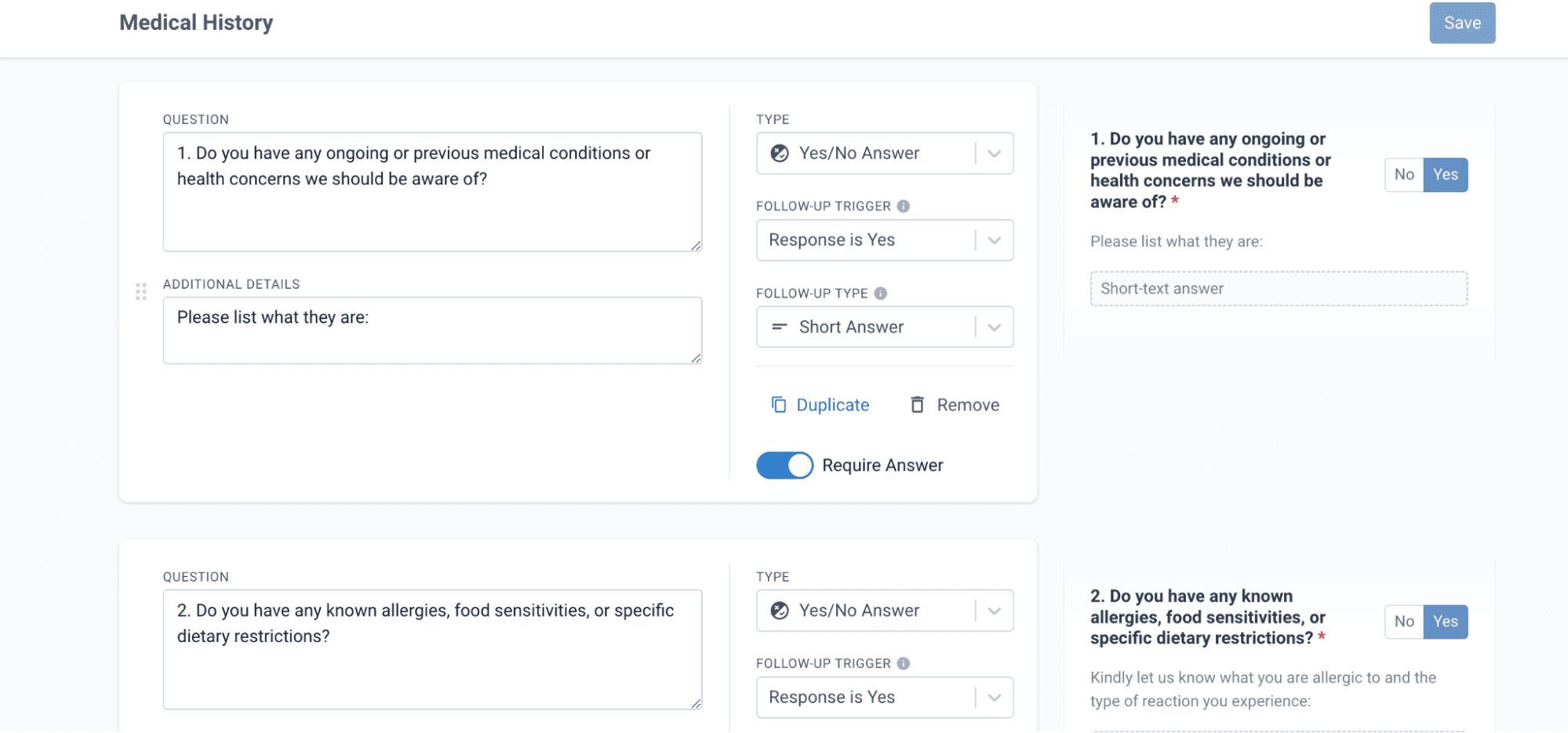 Viewing medical history page, editable survey