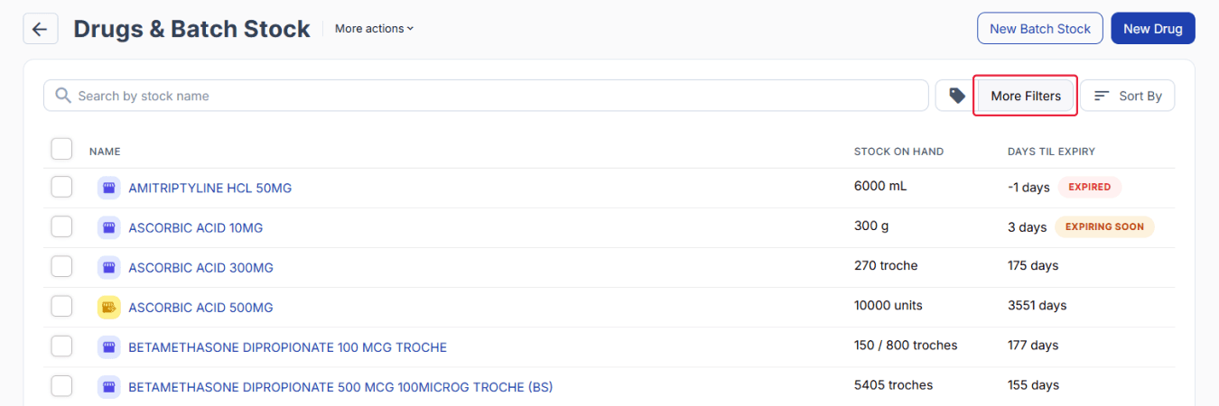 Drugs & Batch Stock dashboard, more filters button highlighted